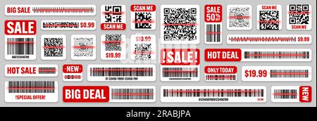 Product barcodes and QR codes with red scanning line. Sale stickers, discount label or promotional badge. Serial number, product ID. Store Stock Vector