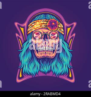 Human skull nostalgic nouveau hippie lifestyle illustration vector illustrations for your work logo, merchandise t-shirt, stickers and label designs Stock Vector