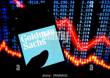 In this photo illustration, a Goldman Sachs logo is seen displayed on a smartphone.. Stock Photo