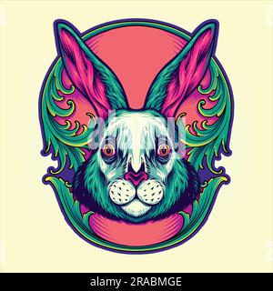 Whimsical rabbit head in antique engraved frame vector illustrations for your work logo, merchandise t-shirt, stickers and label designs, poster, Stock Vector