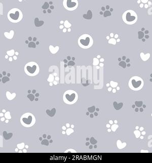 Pet paw seamless pattern. Vector illustration with paw and hearts on purple background. Stock Vector
