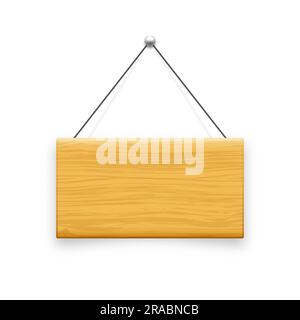 Wooden hanging signboard. Made of wood door sign for cafe, restaurant, bar or retail store. Announcement banner, information signage for business or Stock Vector