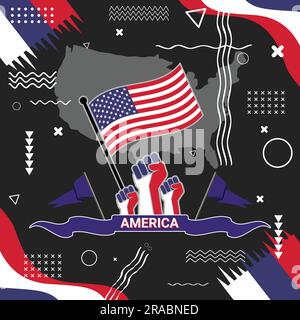 USA National day banner for Independence day with abstract modern design. United States of America map, raised fists geometric art in flag color theme Stock Vector