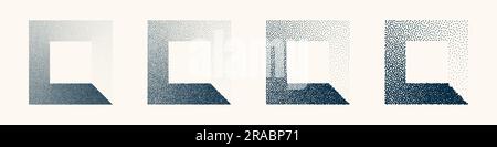Square shaped dotted objects, vintage stipple elements. Stippling, dotwork drawing shading using dots. Halftone disintegration effect. White noise Stock Vector
