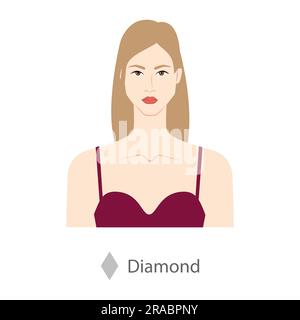 Women face diamond shape type with text diagram. Female Vector illustration in cartoon style in the burgundy dress 9 head size lady front view. Vector outline girl for fashion sketching Stock Vector