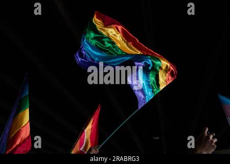 Bogota, Colombia. 02nd July, 2023. People wave pride flags during the international pride parade demonstrations in Bogota, Colombia, July 2, 2023. Photo by: Chepa Beltran/Long Visual Press Credit: Long Visual Press/Alamy Live News Stock Photo