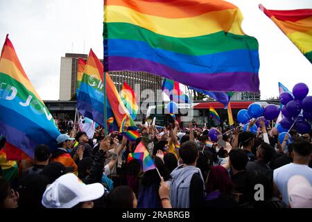 Bogota, Colombia. 02nd July, 2023. People wave pride flags during the international pride parade demonstrations in Bogota, Colombia, July 2, 2023. Photo by: Chepa Beltran/Long Visual Press Credit: Long Visual Press/Alamy Live News Stock Photo