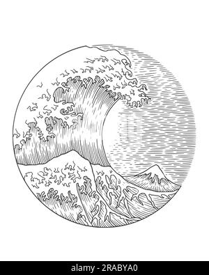 The great wave kanagawa in engraving drawing style. vector illustration Stock Vector