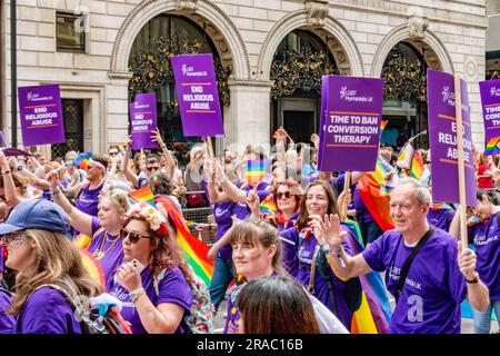 Participants representing LGBT Humanists UK in the annual London Pride event on 1st July 2023 on Piccadilly in London Stock Photo