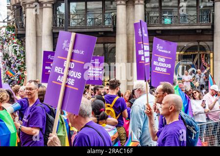 Participants representing LGBT Humanists UK in the annual London Pride event on 1st July 2023 on Piccadilly in London Stock Photo