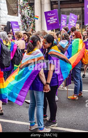 Participants representing LGBT Humanists UK in the annual London Pride event on 1st July 2023 on Piccadilly in London Stock Photo