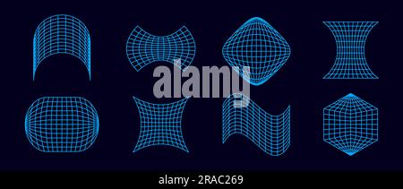 Neon blue geometric wireframe collection. Abstract surface grid of different shape. Distorted perspective planes and object set. Vector element bundle for posters, flyers, collages, templates Stock Vector
