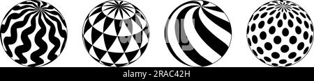 Collection of spheres with different patterns. Striped, dotted and waved 3d balls set. Black and white geometric elements for design templates, icons, logo. Abstract vector globes pack Stock Vector