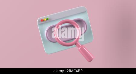 Magnifying glass on search engine browsing app network, smartphone, web internet. Business Research Development concept. 3D render magnifier design Stock Photo