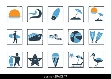 Summer set icon. Contains Sunsets icon, sunrises, waves, surfboards, beach umbrellas, surfers, sun loungers and more. Solid icon style design. Simple Stock Vector
