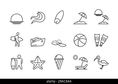 Summer set icon. Contains Sunsets icon, sunrises, waves, surfboards, beach umbrellas, surfers, sun loungers and more. Line icon style design. Simple v Stock Vector