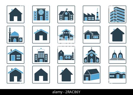 Building set icon. Contains House icon, home, hospital, office building, hotel, factory, school, mosque, church and more. Solid icon style design. Sim Stock Vector