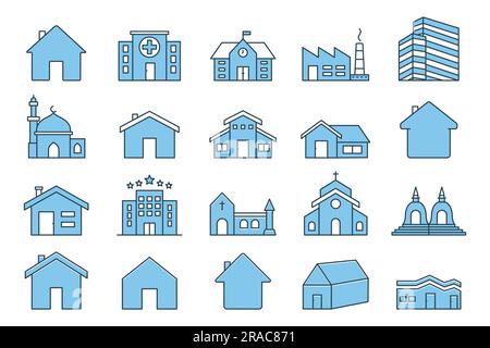 Building set icon. Contains House icon, home, hospital, office building, hotel, factory, school, mosque, church and more. Flat line icon style design. Stock Vector