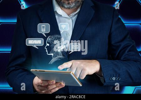 Artificial intelligence, AI chat bot concept. Businessman hands using tablet. ai chatbot infographic Stock Photo