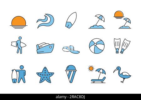 Summer set icon. Contains Sunsets icon, sunrises, waves, surfboards, beach umbrellas, surfers, sun loungers and more. Flat line icon style design. Sim Stock Vector