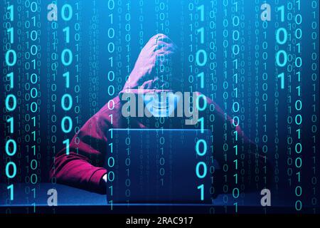 Anonymous man in mask with laptop and binary code in darkness Stock Photo
