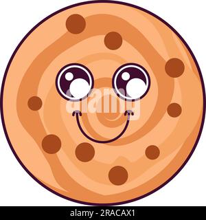 Sweet chocolate chips cookie smiling character. Cheerful mascot of children holiday and tea party. Simple colored flat vector icon isolated on white b Stock Vector