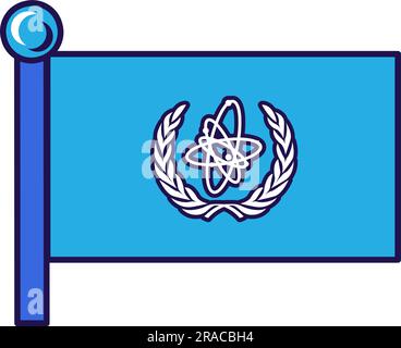 International atomic energy agency flag vector. Iaea intergovernmental organization, atom and wreath on blue background. Nuclear weapon and energetic Stock Vector