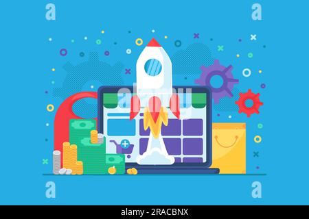 Project rocket startup in laptop screen. Opening an online business project, network startup launch, commerce platform. Cartoon flat vector concept is Stock Vector