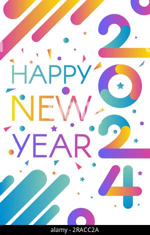 Modern Vertical Happy 2024 New Year A4 Holiday poster in gradient colors with 2024 and Happy New Year inscription on white back. Template for printing Stock Vector