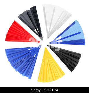 Set of colorful hand fans on white background, top view Stock Photo