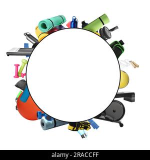 Round frame and different sports equipment on white background Stock Photo