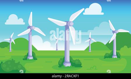 Wind turbines on green field with blue sky. Sustainable renewable green energy concept. flat style vector illustration Stock Vector