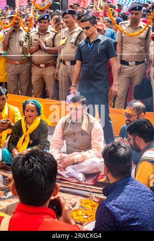 June 28th 2023 Uttarakhand, India. Uttarakhand Chief Minister Pushkar Singh Dhami performing pooja- hawan ( Indian Hindu religious Practices) during a Stock Photo