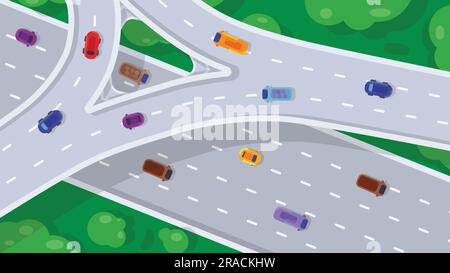 Top view of highway junction. Road interchange or highway intersection with busy urban traffic. vector illustration Stock Vector