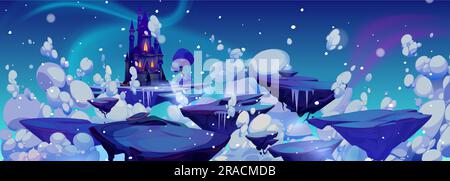 Frozen magic princess castle with snow in winter cartoon background. Beautiful fantasy ice palace for cloudy fairytale night landscape. Enchanted floating rock island path in sky air with white clouds Stock Vector
