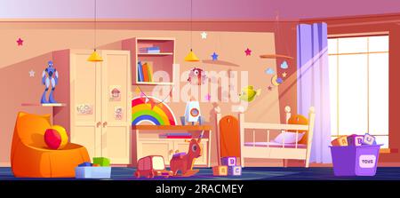 Toddler bedroom with furniture and toys. Vector cartoon illustration of light room with large window, crib, wardrobe, drawer and soft armchair, robot, rocket, cubes in box, rocking horse, wooden car Stock Vector