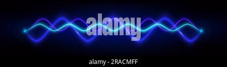 Blue neon audio sound voice wave pulse light. Abstract radio electronic music frequency vector effect background. Vibrant track equalizer waveform, blurred curve graph illustration. Stock Vector