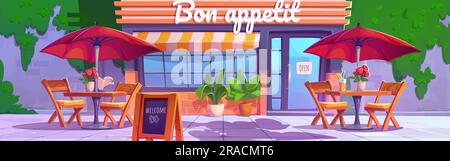 Urban cafeteria facade with furniture outdoors. Vector cartoon illustration of tables and chairs under parasols on street patio, flowerpots and welcome sign near bistro. City cafe exterior design Stock Vector