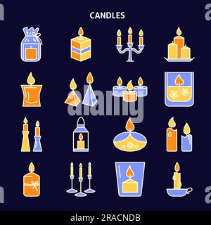 Candle icons set in colored line style on dark background. Light source with burning flame symbols. Holiday interior decoration. Vector illustration. Stock Vector