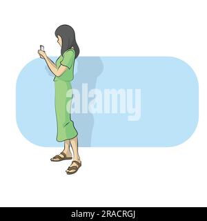 line art full length of woman in green suit using smartphone with blue blank space illustration vector hand drawn isolated on white background Stock Vector
