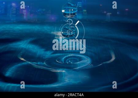 Abstract blue technology background with water, water droplets and a printed circuit board. Stock Photo