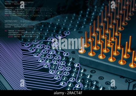 macro photo of printed circuit board with illuminated wires, pin grid array and processor with golden pins Stock Photo