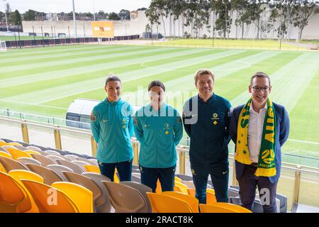 Melbourne, Victoria, Australia. 3rd July, 2023. MELBOURNE, AUSTRALIA - JULY 03: Matildas Sam Kerr, Steph Catley, coach Tony Gustavsson and Steve Dimopoulous at the official opening of the Australian Matildas training facility and FIFA 2023 Women's World Cup squad announcement at La Trobe University on July 03, 2023 in Melbourne, Australia. (Credit Image: © Chris Putnam/ZUMA Press Wire) EDITORIAL USAGE ONLY! Not for Commercial USAGE! Stock Photo