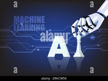 Robot hand move chess piece. Concept of machine learning. Artificial Intelligence. Vector illustration Stock Vector