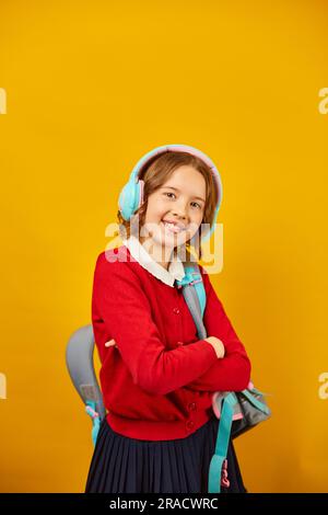 Happy Schoolgirl With Backpack, Headphone Having Fun Holiday, School's 