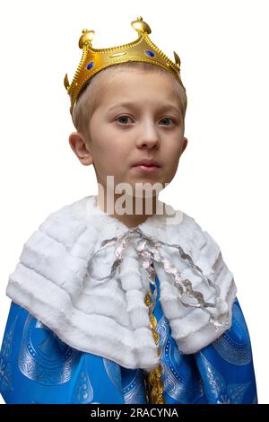 portrait of boy in king costume isolated on white background, christmas king Stock Photo