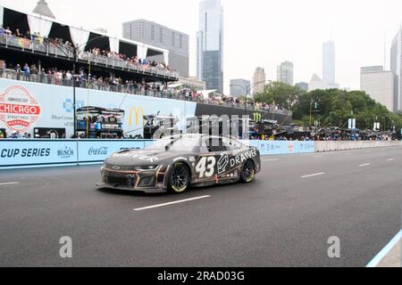 The race cars do laps on the course of the NASCAR Cup Series Chicago Street Race in downtown Chicago on June 2, 2023. This is day 2 of the racing series and is a 2.2-mile stretch of track and 100 laps. This is NASCAR'S 75th anniversary and the first street race contested in the NASCAR Cup Series, and features the Chicago Skyline and Lake Michigan as its backdrop. (Photo By: Alexandra Buxbaum/Sipa USA) Credit: Sipa USA/Alamy Live News Stock Photo