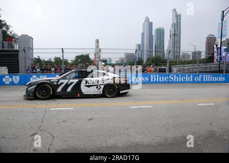 The race cars do laps on the course of the NASCAR Cup Series Chicago Street Race in downtown Chicago on June 2, 2023. This is day 2 of the racing series and is a 2.2-mile stretch of track and 100 laps. This is NASCAR'S 75th anniversary and the first street race contested in the NASCAR Cup Series, and features the Chicago Skyline and Lake Michigan as its backdrop. (Photo By: Alexandra Buxbaum/Sipa USA) Credit: Sipa USA/Alamy Live News Stock Photo