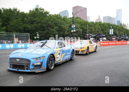 The race cars do laps on the course of the NASCAR Cup Series Chicago Street Race in downtown Chicago on June 2, 2023. This is day 2 of the racing series and is a 2.2-mile stretch of track and 100 laps. This is NASCAR'S 75th anniversary and the first street race contested in the NASCAR Cup Series, and features the Chicago Skyline and Lake Michigan as its backdrop. (Photo By: Alexandra Buxbaum/Sipa USA) Credit: Sipa USA/Alamy Live News Stock Photo