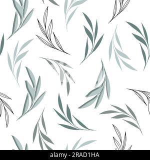 vector seamless pattern with botanical green twigs and twig outlines, with leaves. Olive leaves, eucalyptus. Illustration for background, cards Stock Vector